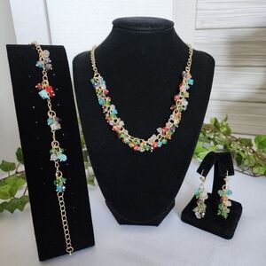 Gold with Natural and Crystal Stones Necklace Bracelet and Earrings Set